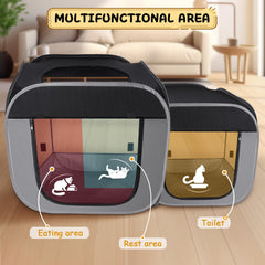 TailTastic playpen para gatos: áreas separadas para comer, descansar y usar la caja.