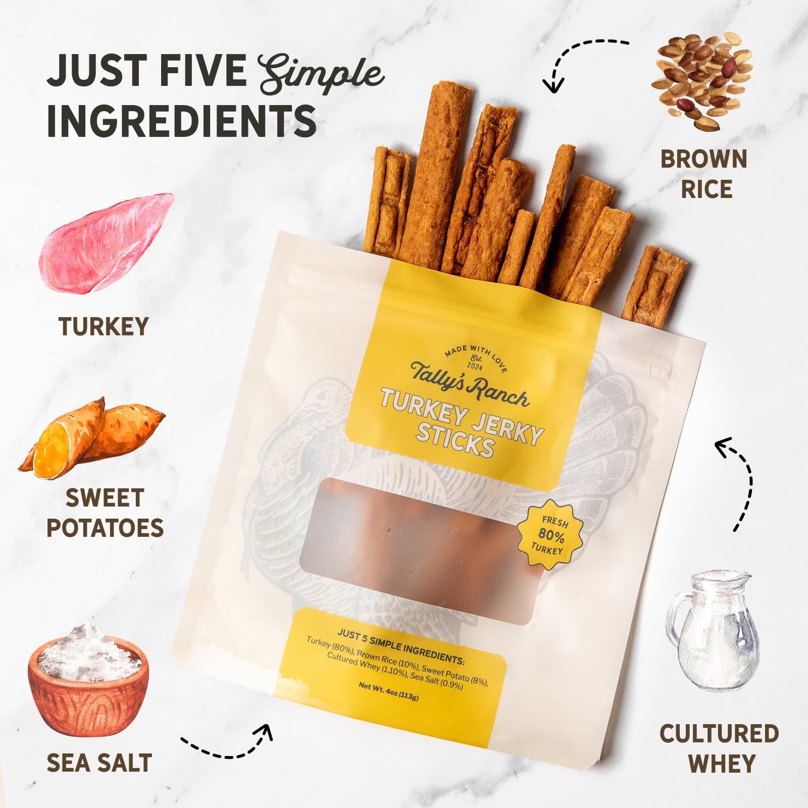 Tally's Ranch, ingredientes naturales de pavo, arroz y batata dulce para snacks saludables
