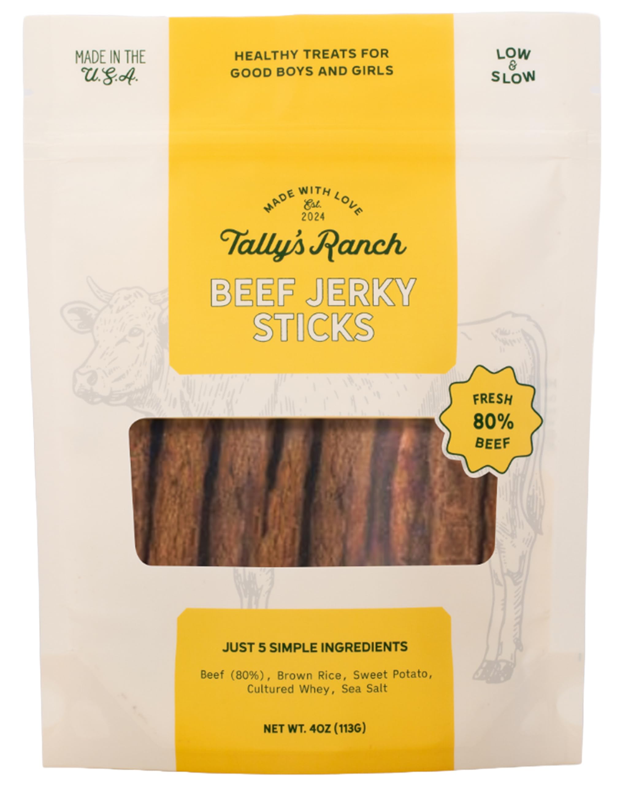 Tally's Ranch tiras de ternera para perros, premio sabroso durante el entrenamiento.