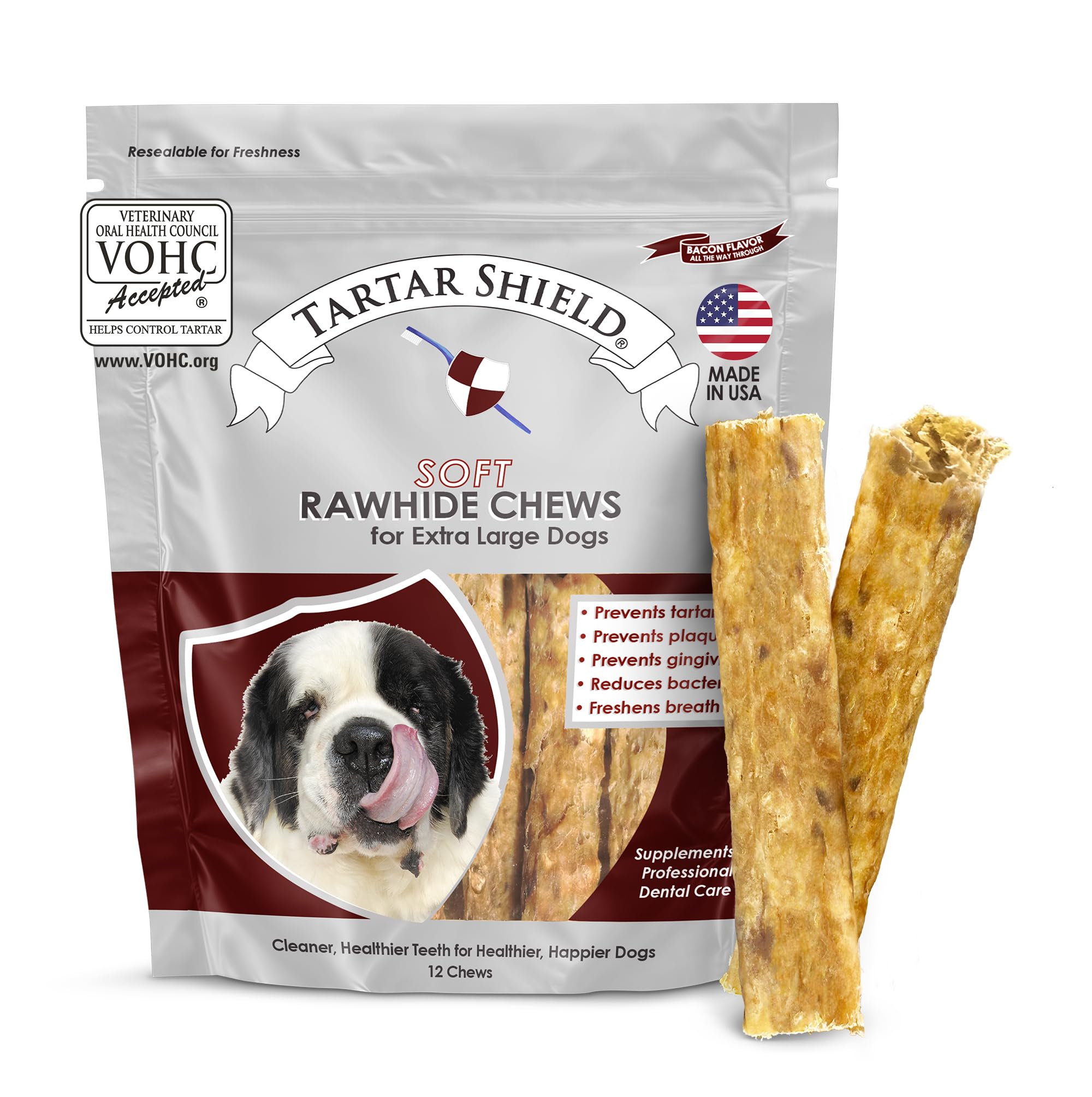 Tartar Shield Soft Rawhide, bocado dental visible para limpieza y aliento fresco.