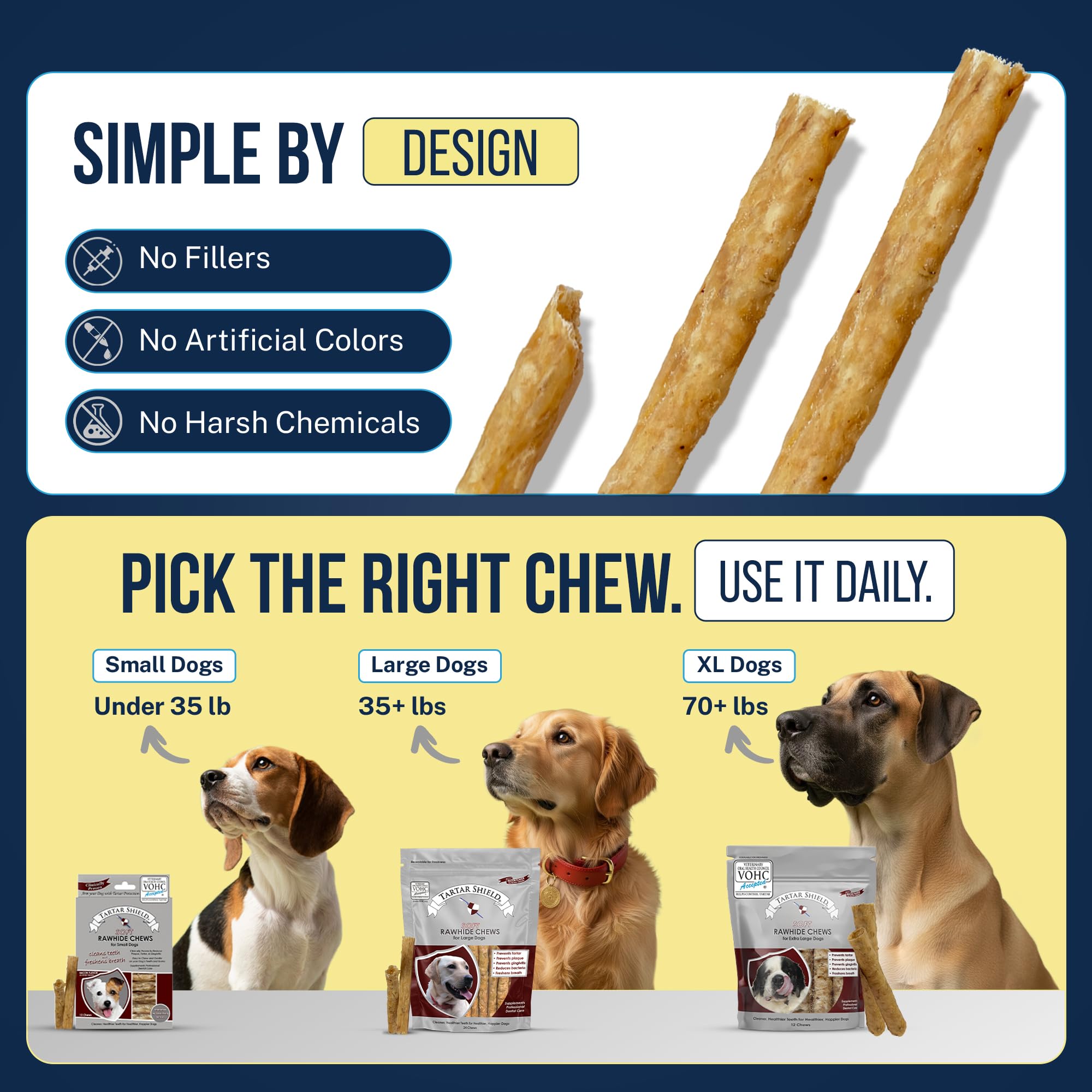 Tartar Shield Soft Rawhide: recompensa diaria para promover la higiene bucal.