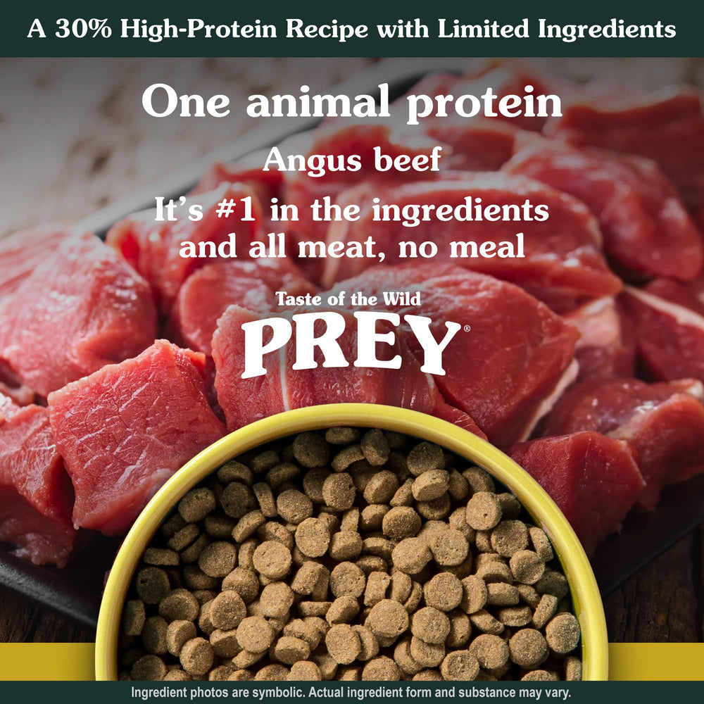 Taste of the Wild Prey Real Meat Angus Beef, comida sin granos para piel y pelaje saludables.