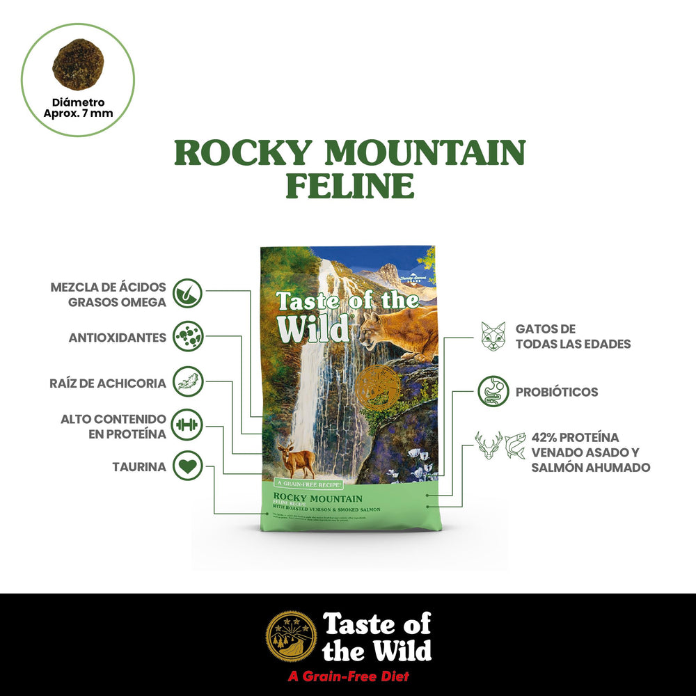 Taste of the Wild Rocky Mountain: fórmula sin granos, fabricado en EE. UU., para digestión equilibrada.