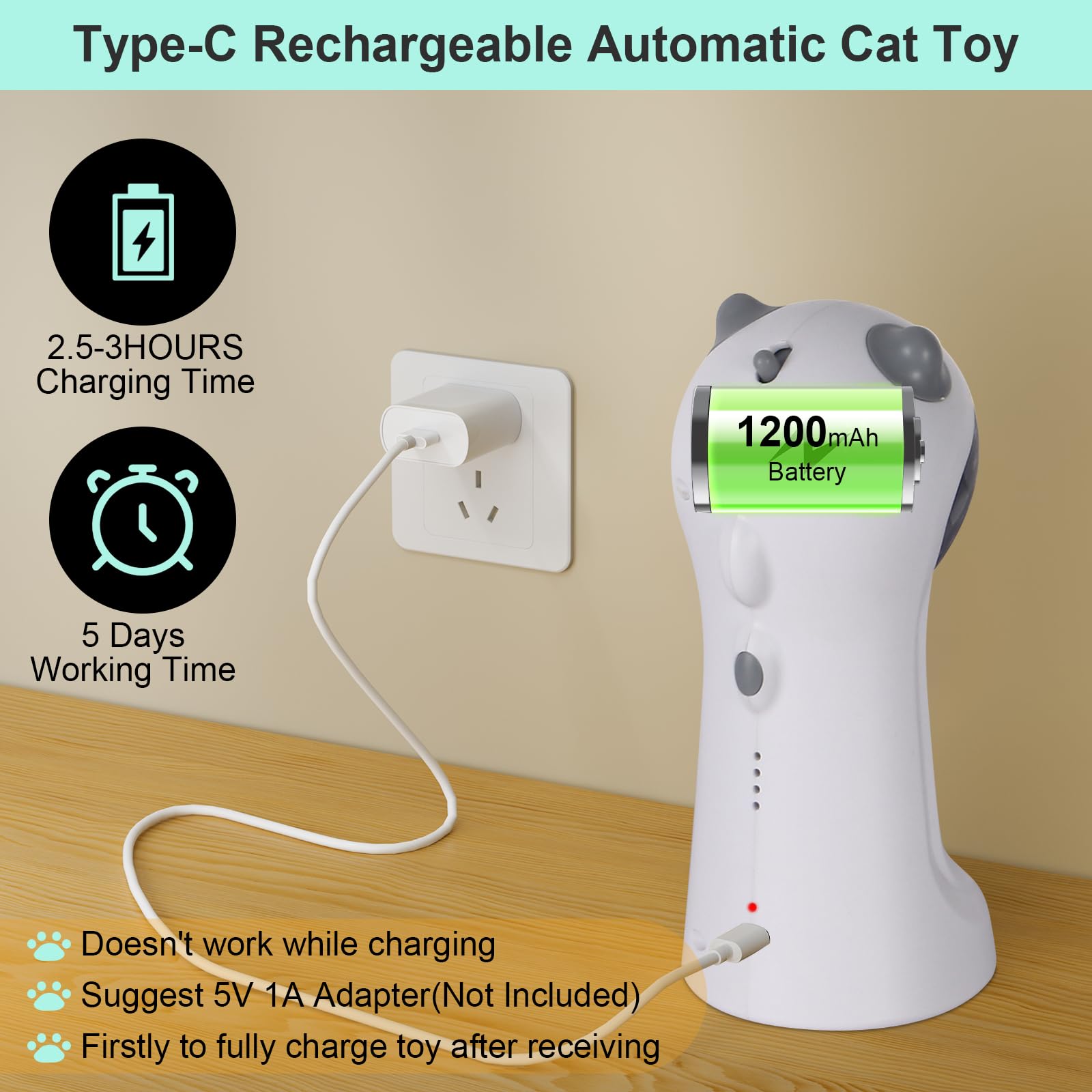 TBTeek gato juguete - carga por USB tipo C para uso prolongado.