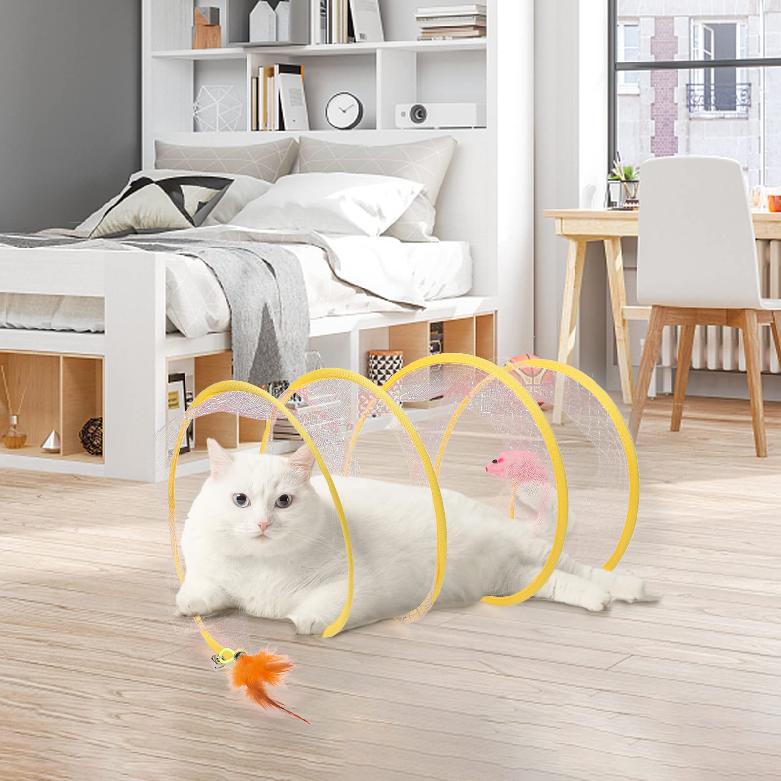 TEASIK tunel gato interactivo con juguete de pluma, diversión autosuficiente.