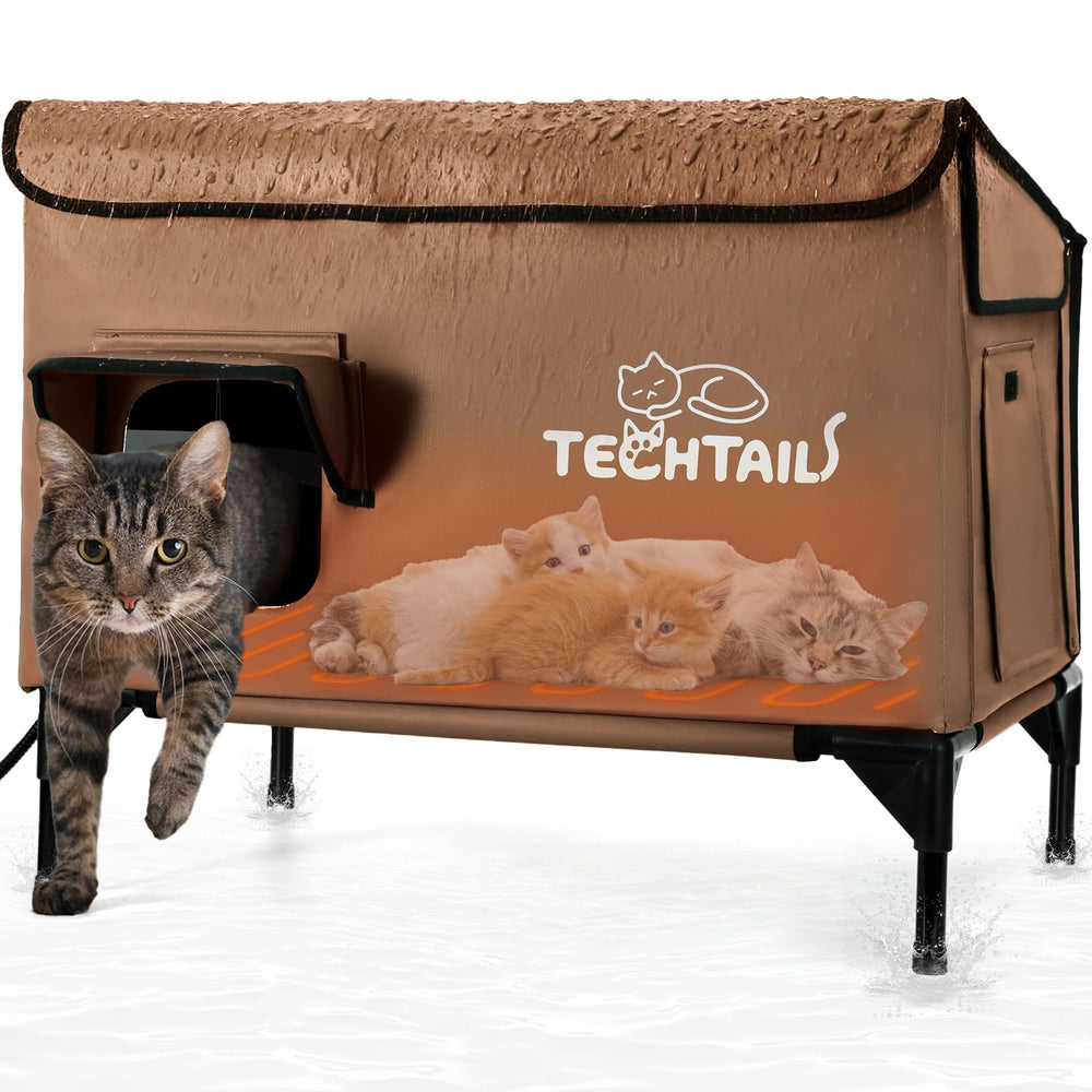 TechTail casa gato calentada exterior brinda refugio cálido y seguro para mascotas al aire libre.
