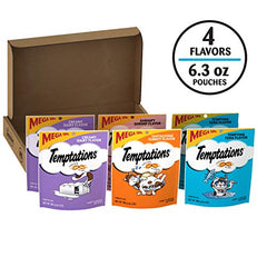 Temptations Cat Treats: variedad de sabores lácteos, atún, camarón y pavo para gatos curiosos.