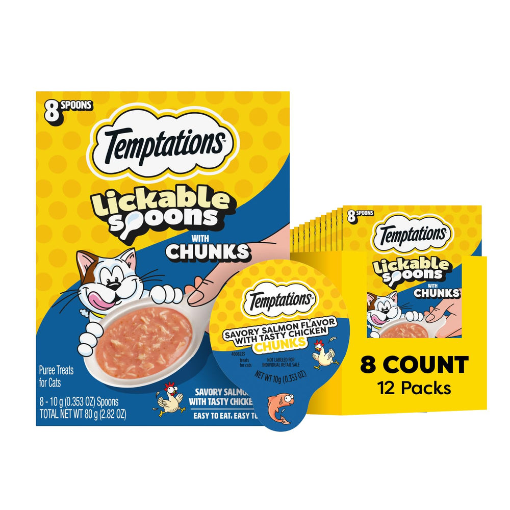 Temptations cucharas lamibles para gatos, sabor salmón con pollo, premio delicioso