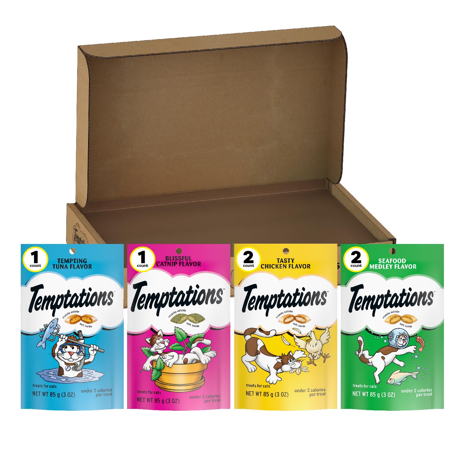 Temptations Gatos, empaque frontal que muestra snacks crujientes y suaves para premiar.