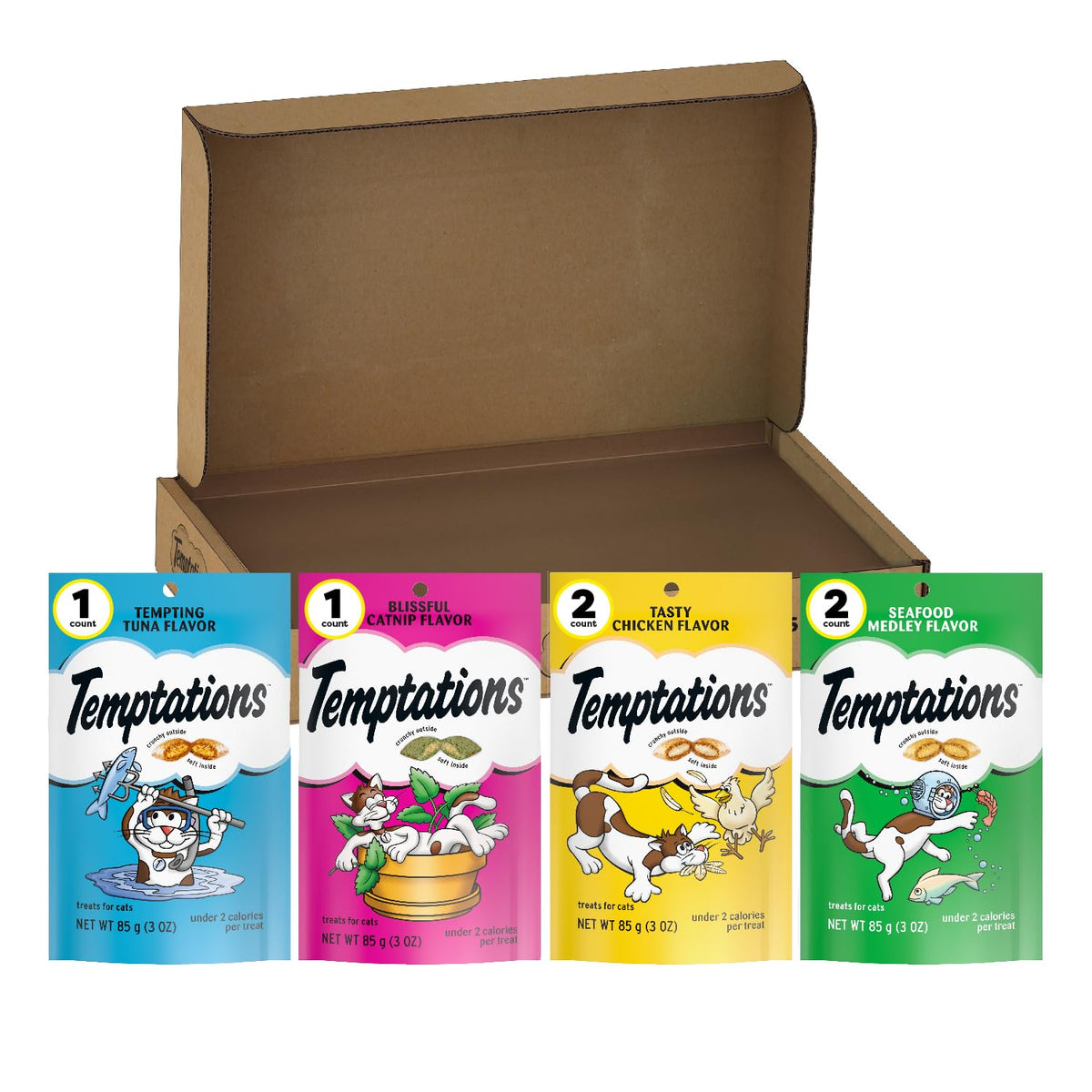 Temptations Gatos, empaque frontal que muestra snacks crujientes y suaves para premiar.
