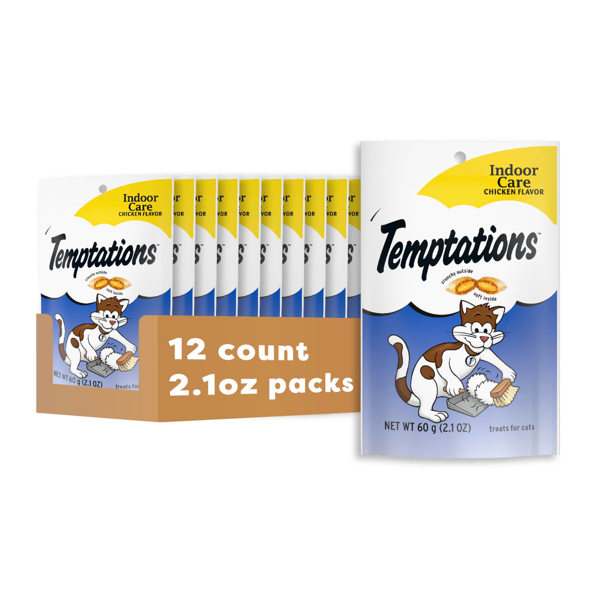 Temptations gatos: snacks indoor, crujientes por fuera y suaves por dentro, recompensa sabrosa.