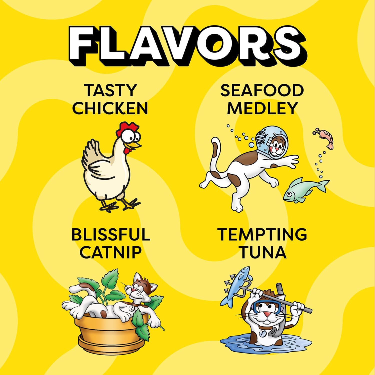 Temptations Gatos, imagen de snacks para gatos con sabor mariscos.