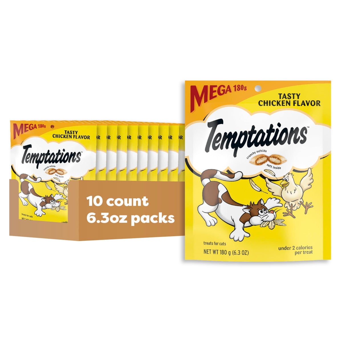 Temptations golosinas para gato, crujiente por fuera y suave por dentro, ideal como premio diario.