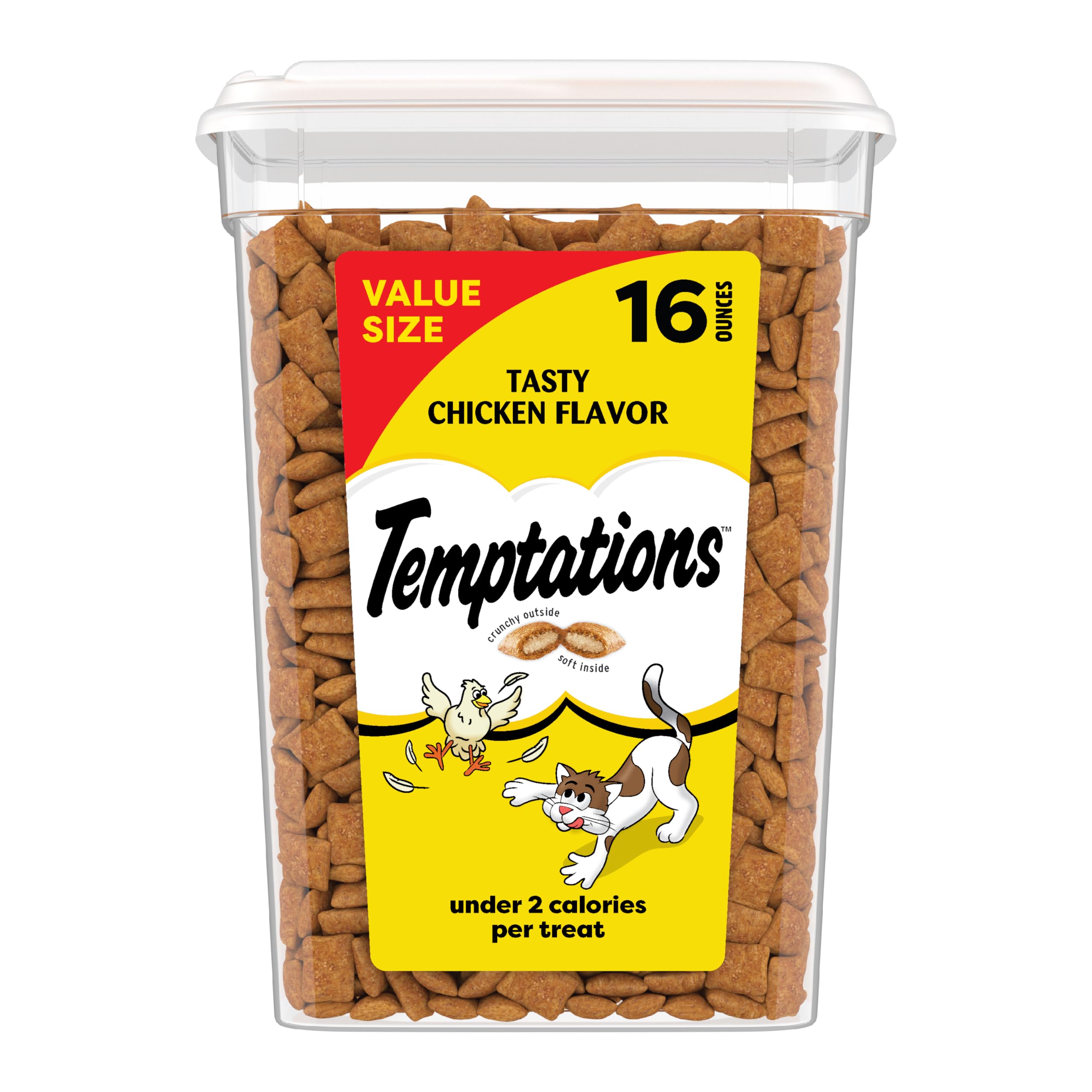 Temptations golosinas para gato, crujientes por fuera y suaves por dentro, sabor a pollo.