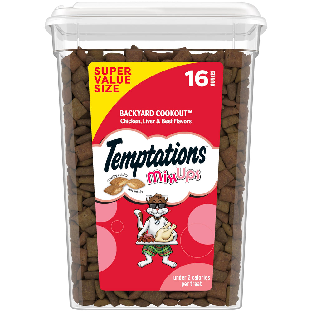 Temptations MixUps Backyard Cookout: vista frontal del tub, recompensa diaria para gatos