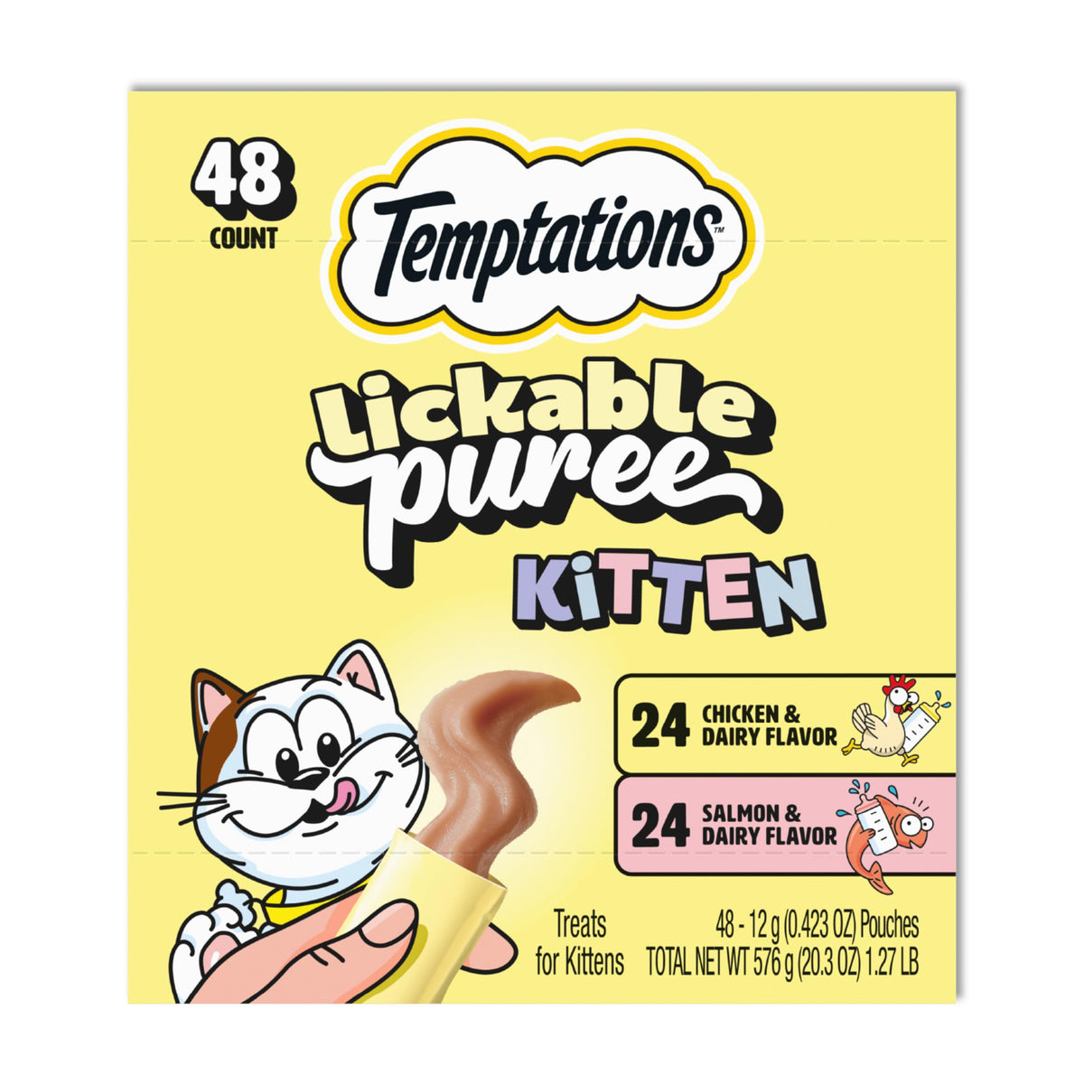 Temptations puré para gatitos, bolsita de pollo y lácteos, ideal para terminar la hora de juego