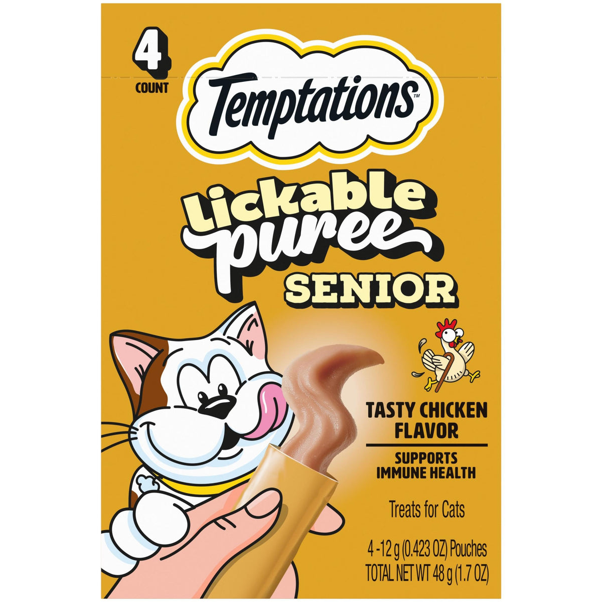 Temptations Puré Senior en sobre, gato acercándose al envase de pack11