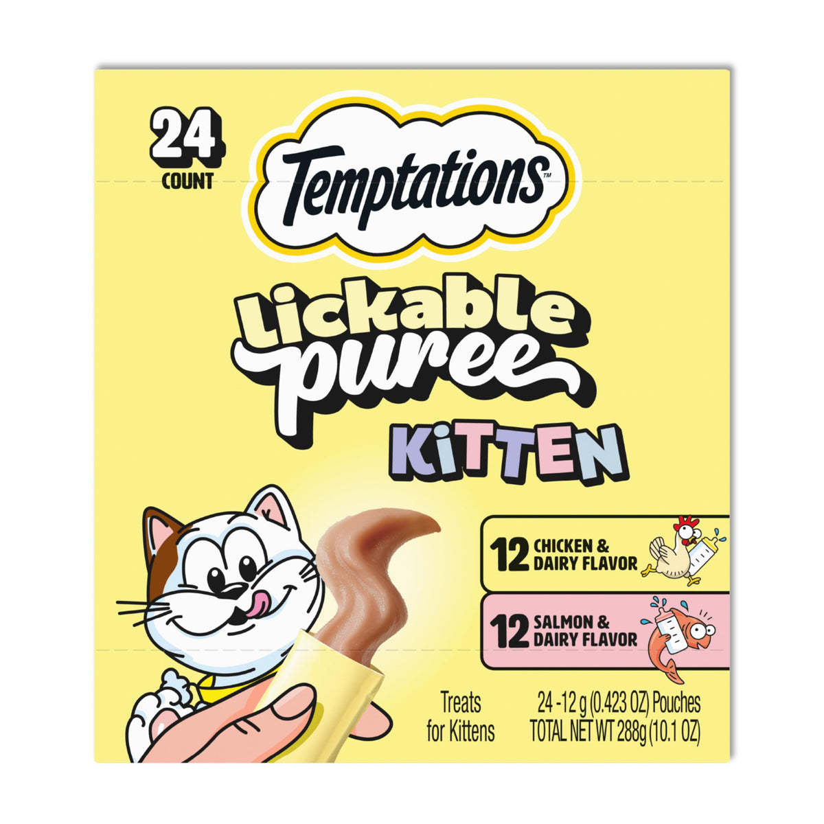 Temptations Purée Gatito, bolsa pollo lacteo, hidratación durante el juego.