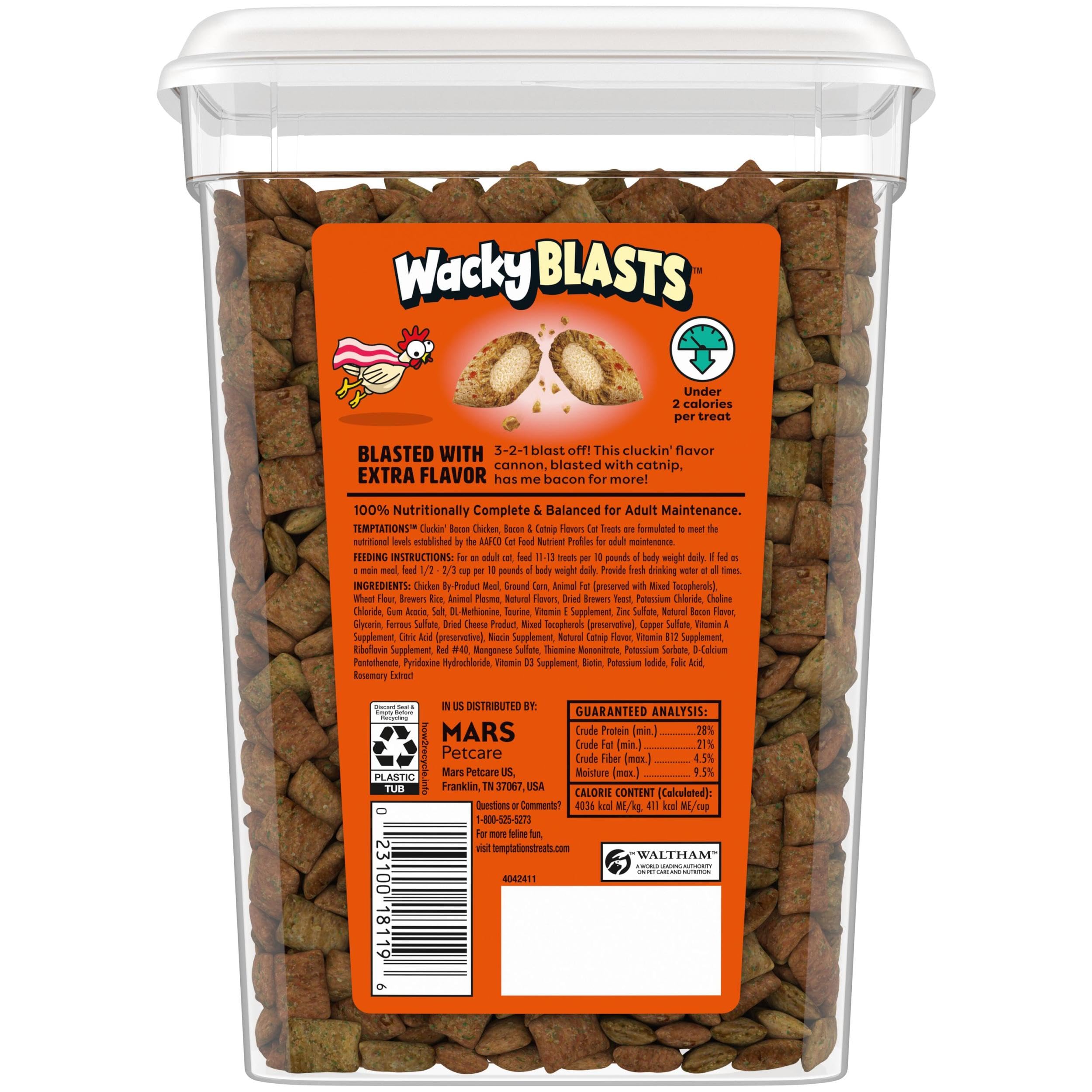 Temptations Wacky Blasts Balanced nutrition for adult cats.