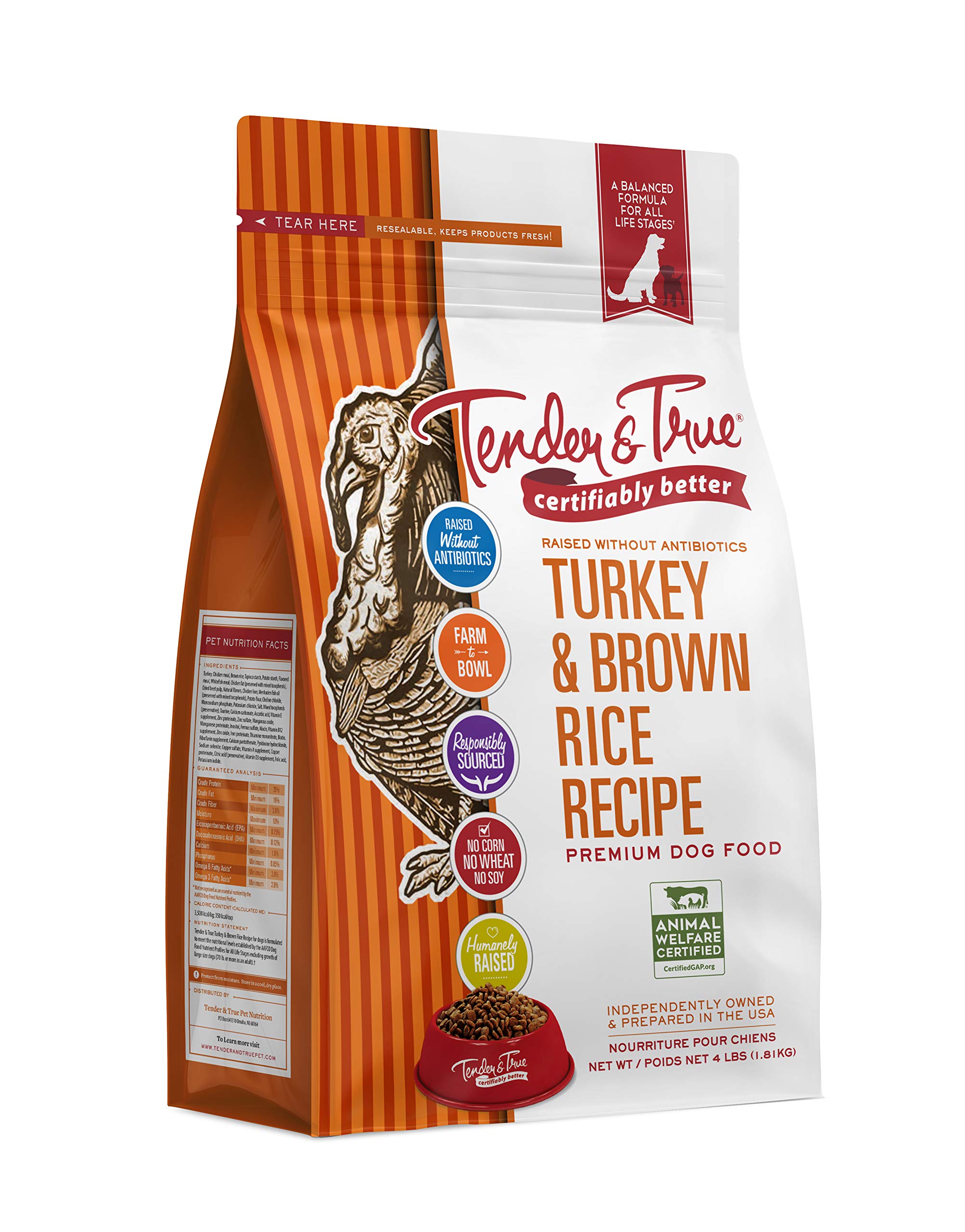 Tender & True empaque de pavo con arroz integral para perros sin antibióticos.