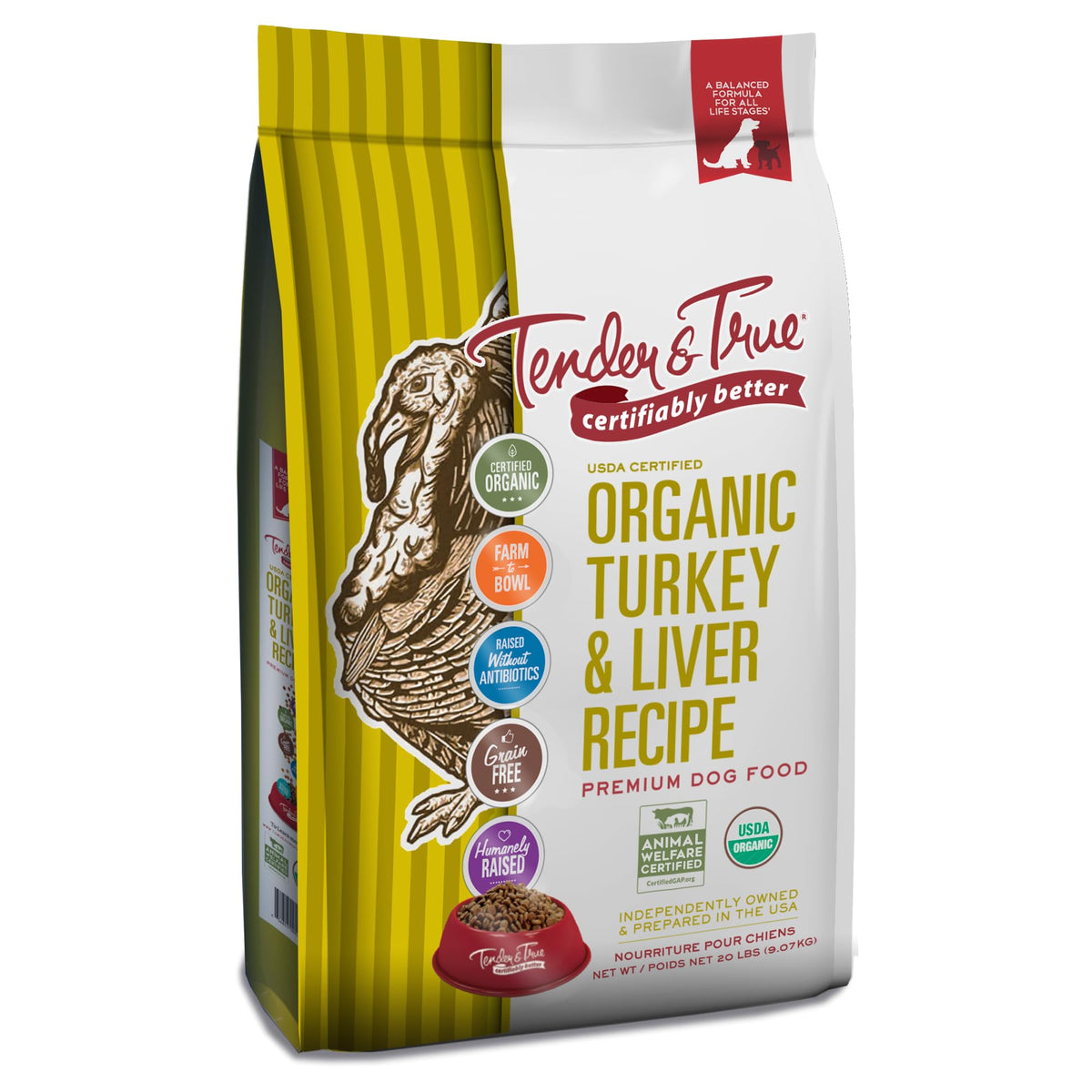 Tender & True bolsa de alimento para perros con pavo orgánico, para dieta equilibrada.