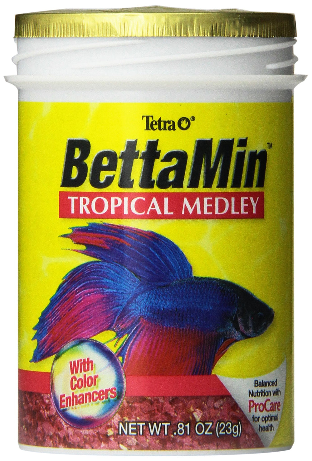 Tetra BettaMin Flakes en envase, nutrición diaria para bettas con colores brillantes.