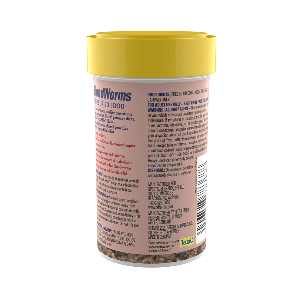 Tetra BloodWorms formato liofilizado listo para peces en acuarios.