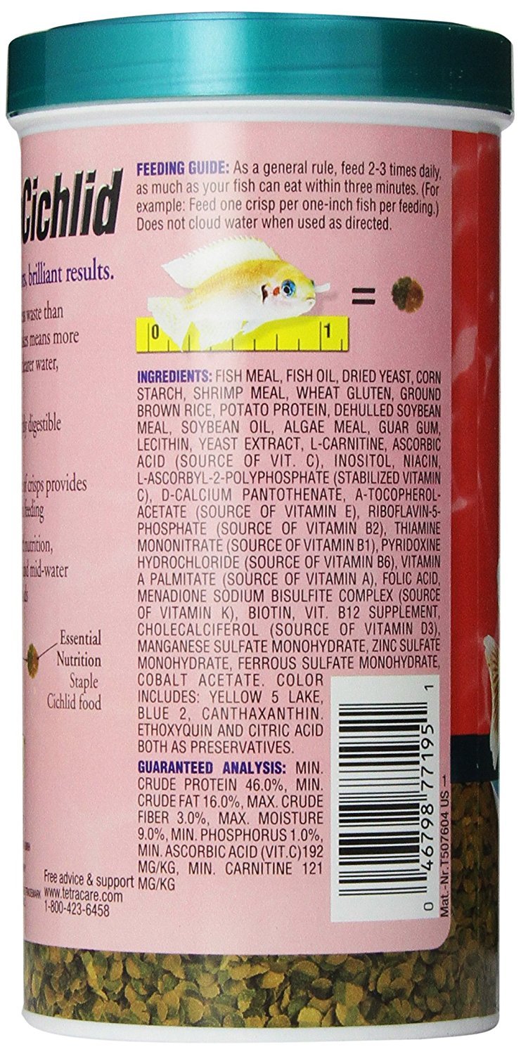 Tetra Cichlid Crisps, mitad verde de extracto de algas para nutrición natural.
