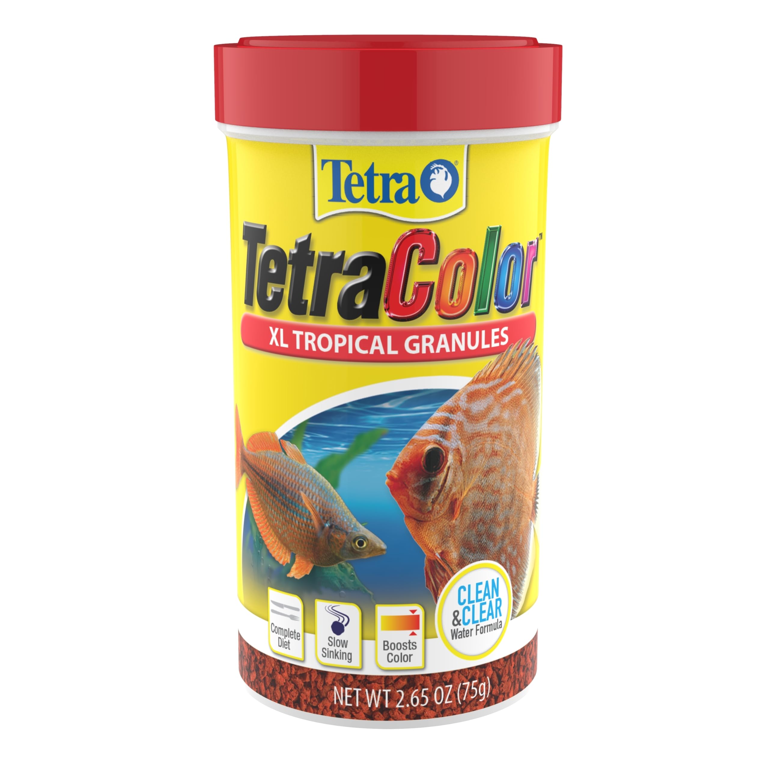 Envase de TetraColor XL con gránulos tropicales listos para alimentar