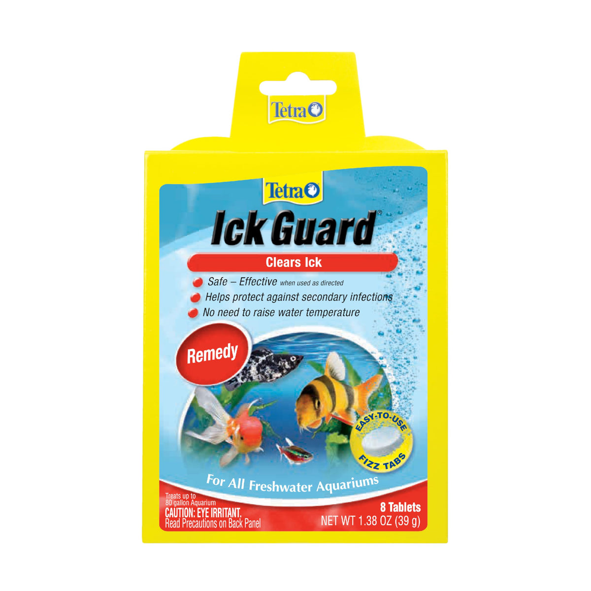 Caja de Tetra Ick Guard con 8 tabletas efervescentes para tratamiento fácil.
