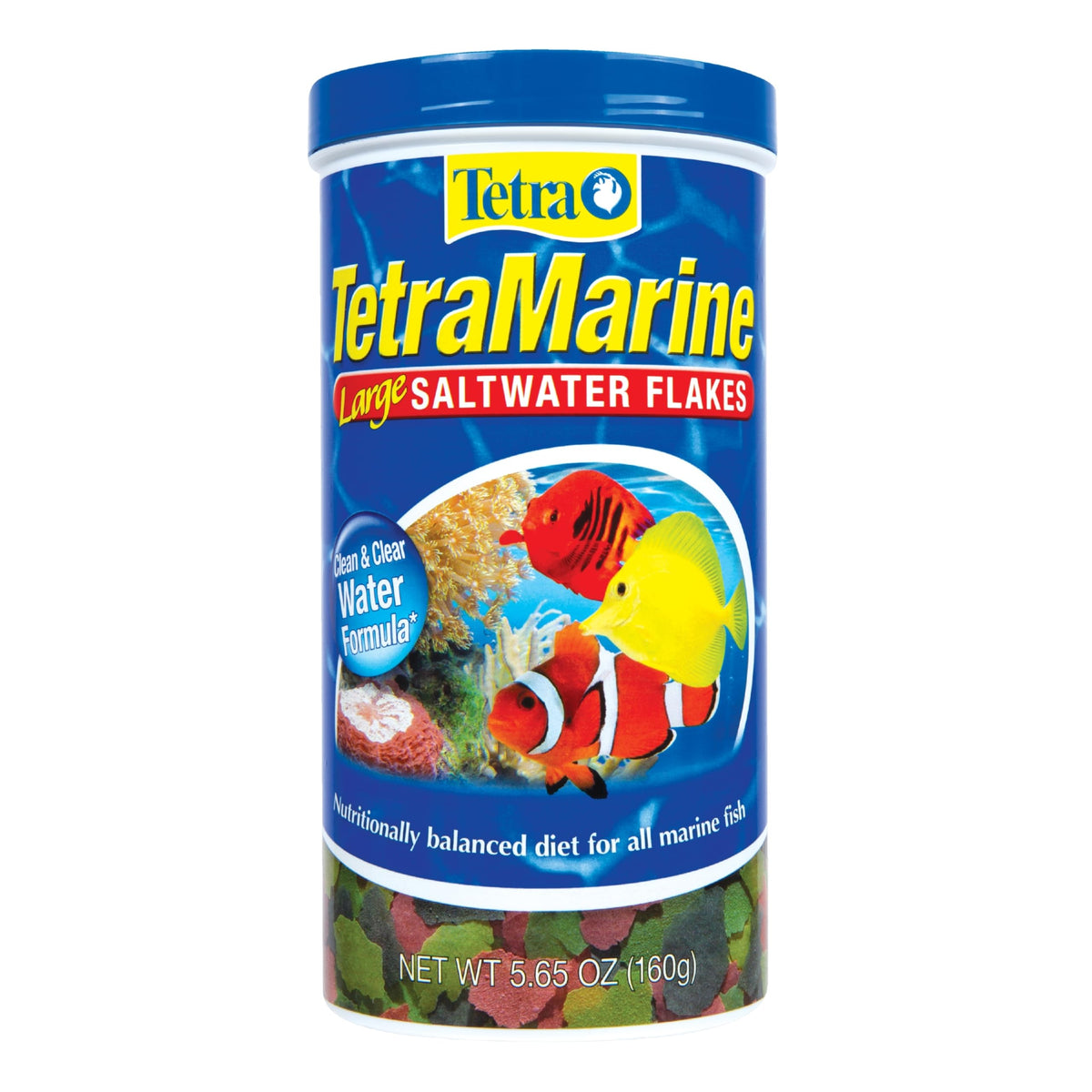 Envase de TetraMarine Flakes listo para alimentar peces marinos.