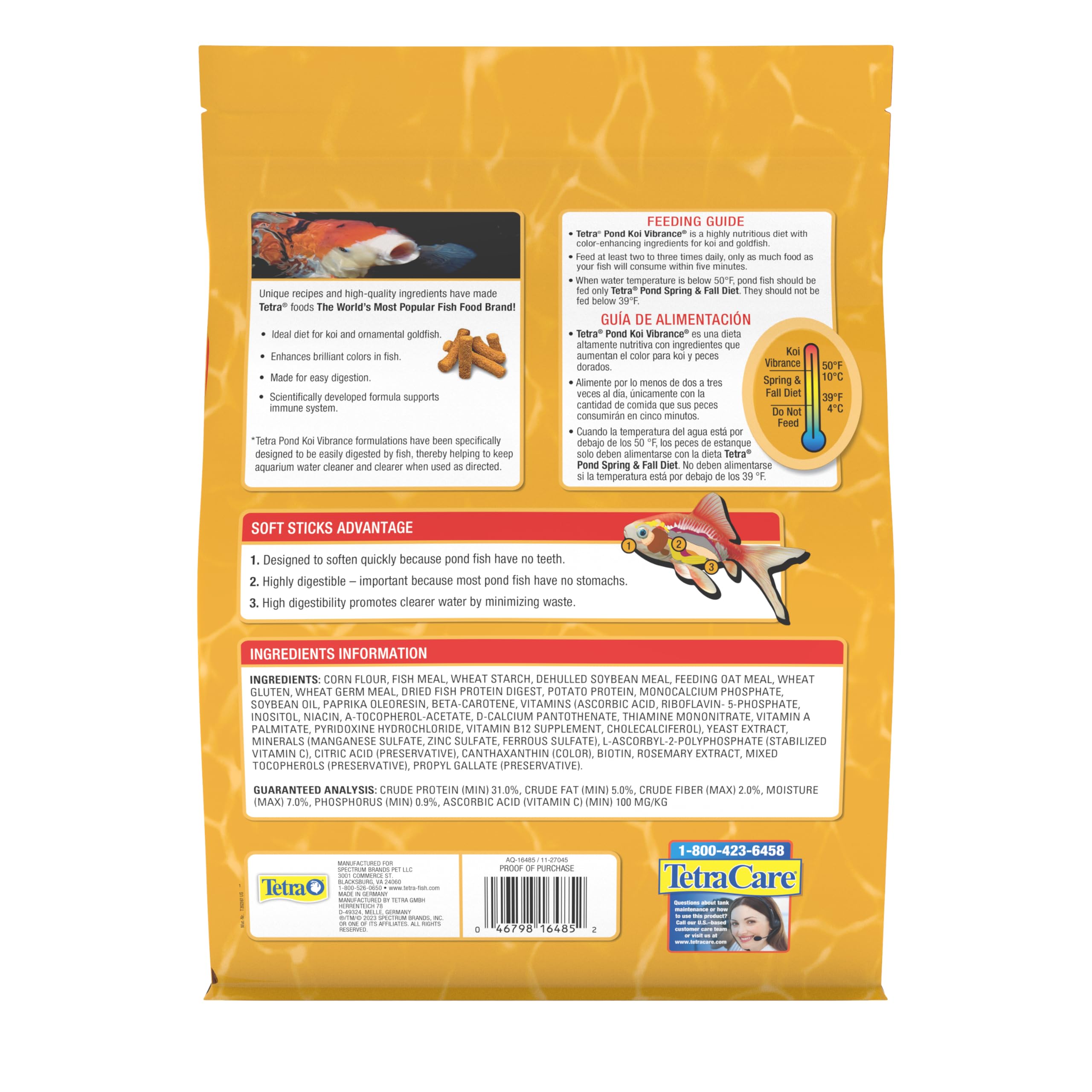 TetraPond Koi Vibrance Palitos Suaves, digestibilidad alta para agua más clara.