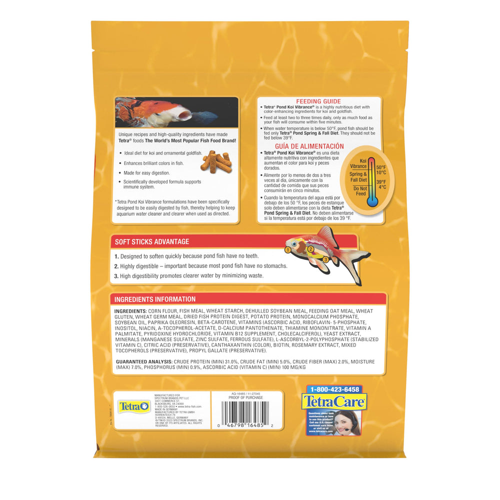 TetraPond Koi Vibrance Palitos Suaves, digestibilidad alta para agua más clara.