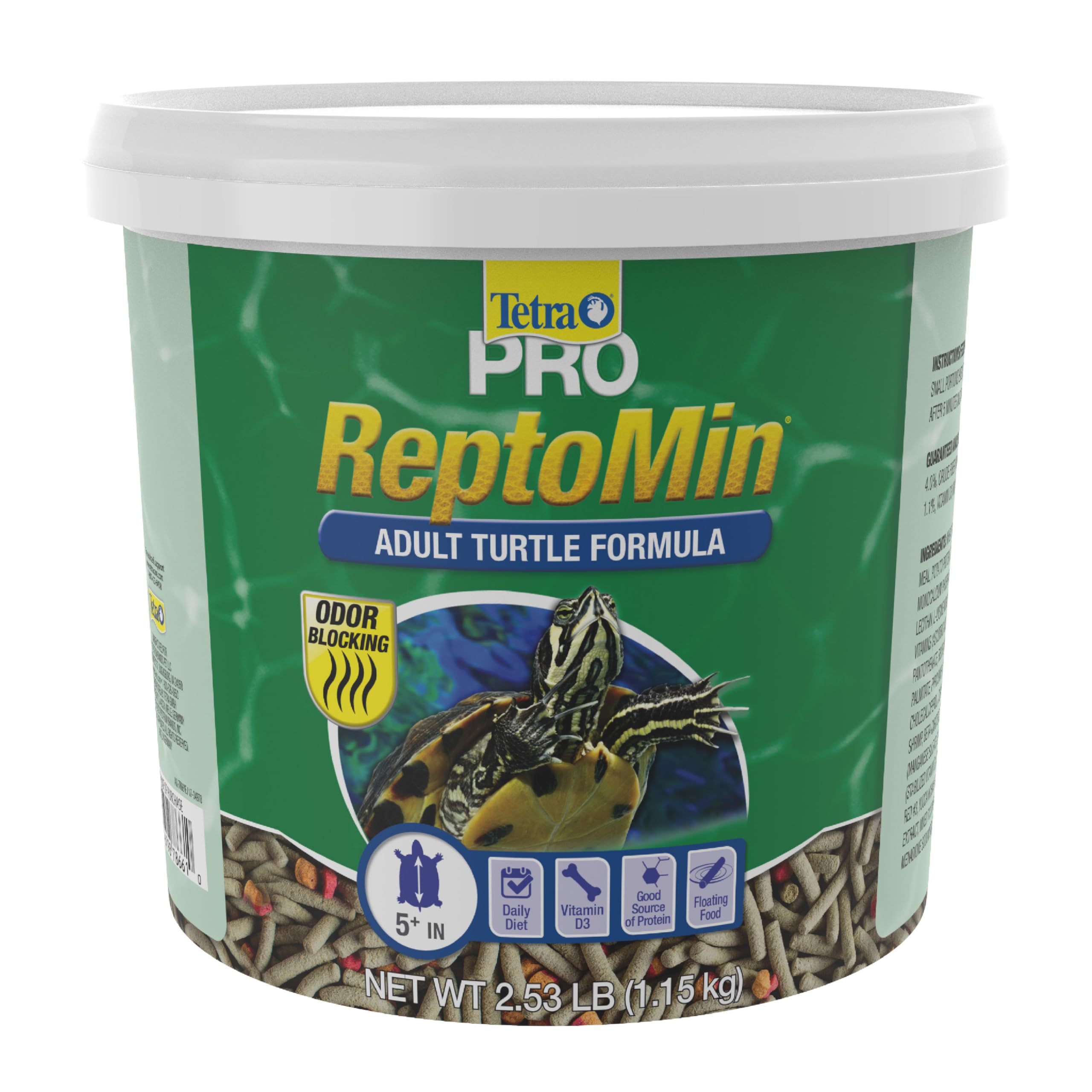 Tetra ReptoMin Pro Sticks: tortuga adulta comiendo flotando, opción diaria nutritiva