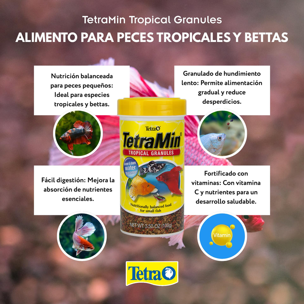 Tetra TetraMin Tropical Granules, envase práctico que facilita el almacenamiento y la frescura.