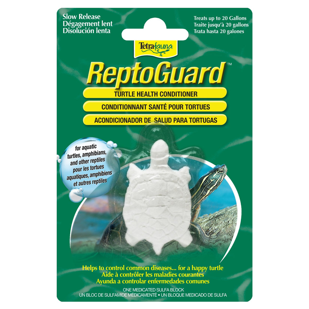 TetraFauna ReptoGuard con bloque tortuga, acondiciona el agua para tortugas.