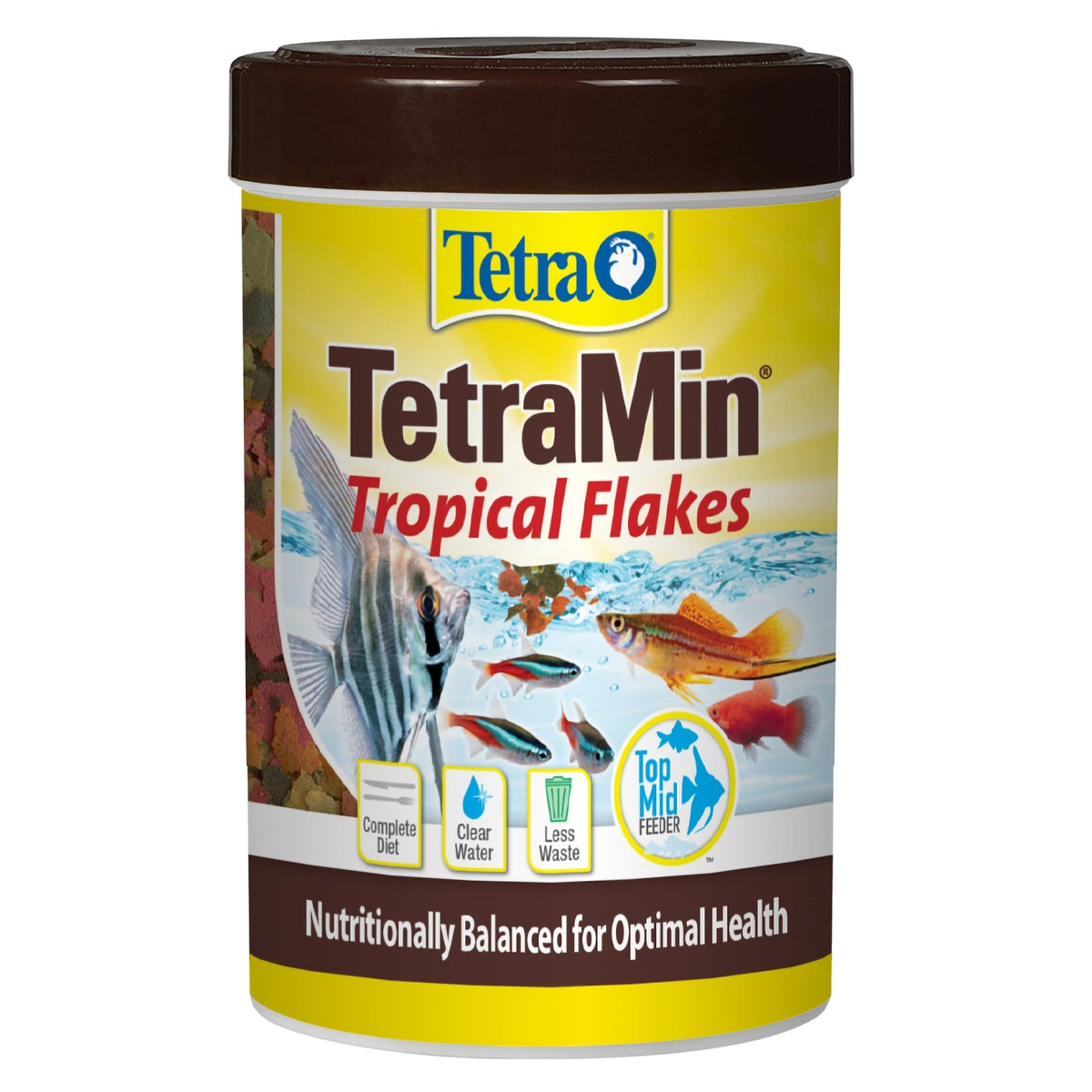 Copos tropicales TetraMin en envase de 3.53 onzas para peces tropicales.
