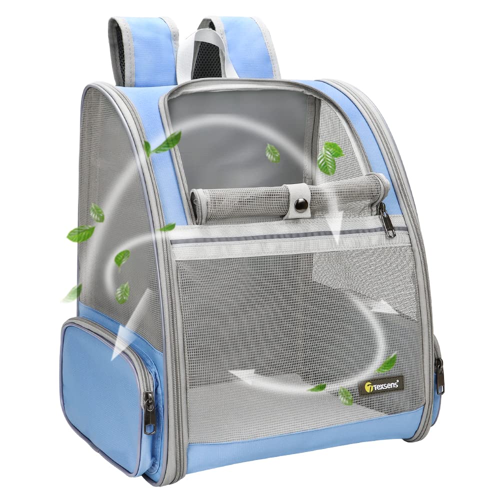 Texsens mochila para mascotas muestra dimensiones compactas para gatos pequeños.