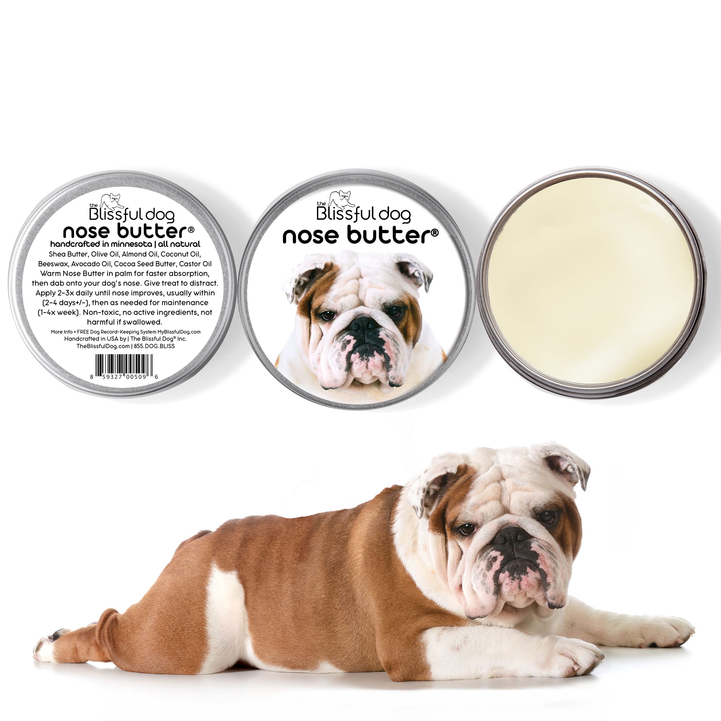 Aplicación suave y rápida con The Blissful Dog Bulldog Nose Butter para narices hidratadas.