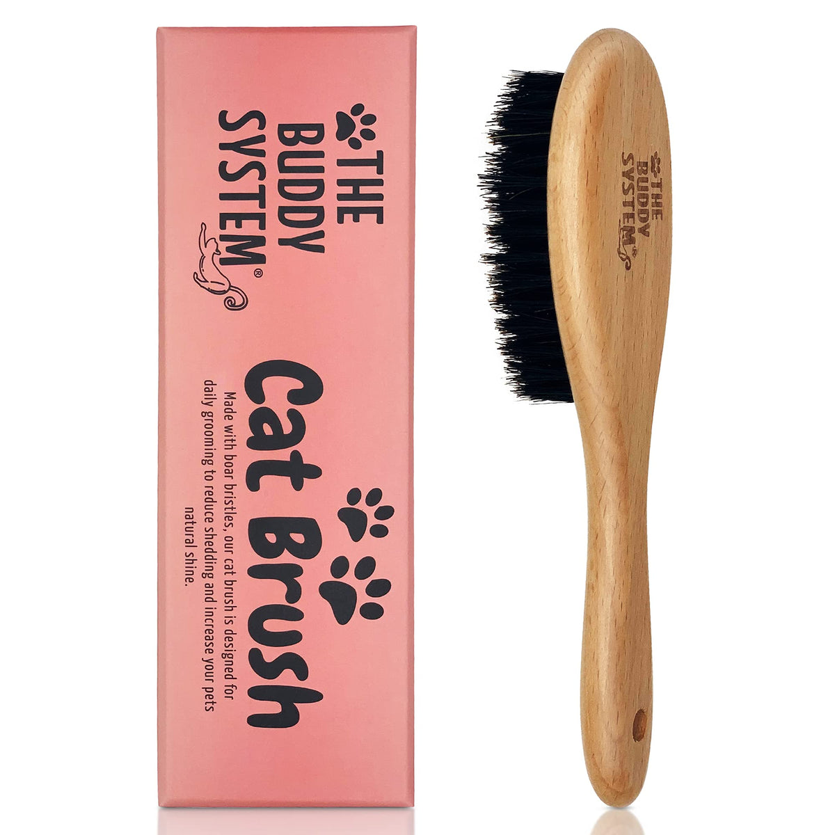 The Buddy System brosse chat avec poils de sanglier et manche bois pour pelage sain.