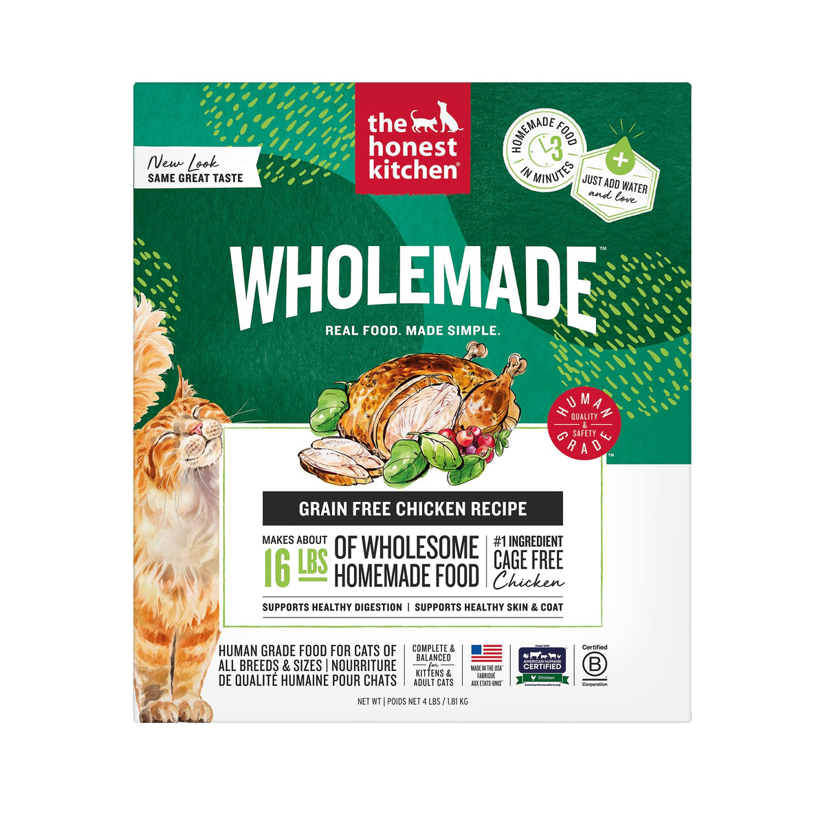 The Honest Kitchen alimento deshidratado para gato con pollo sin granos, listo para rehidratar.
