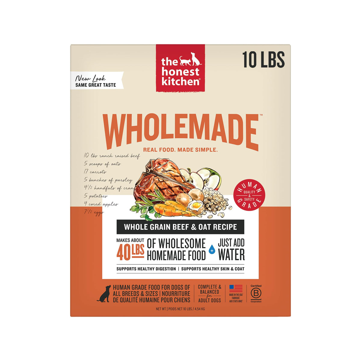 The Honest Kitchen: alimento para perro seco, carne de res y avena en bolsa de 10 lb, práctico.