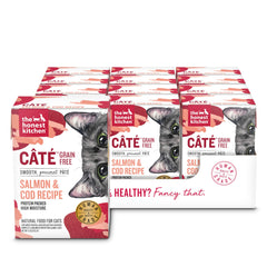The Honest Kitchen Câté salmón y bacalao: lata 12, proteína real para gatos.