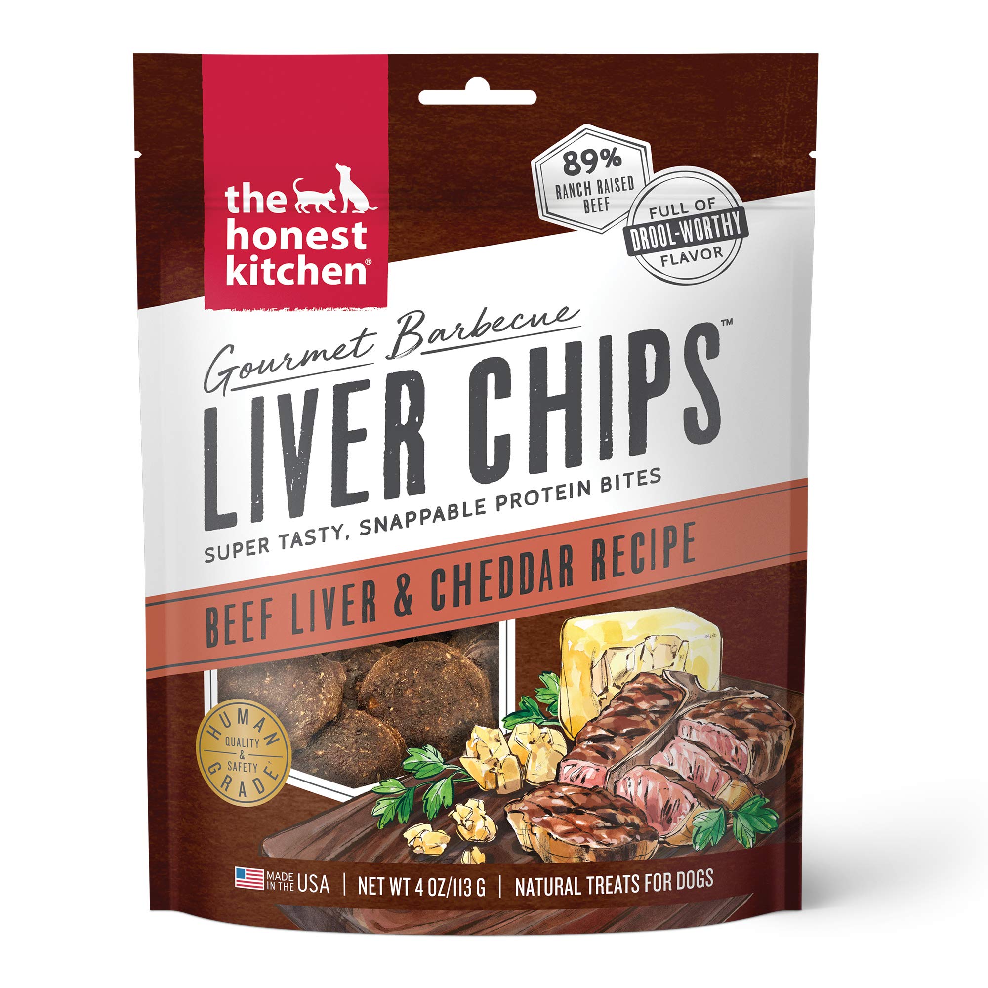The Honest Kitchen chips de hígado barbacoa con cheddar en bolsa de 4oz para perros.