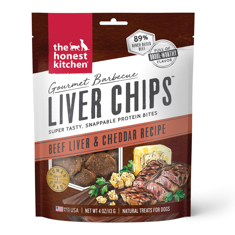 The Honest Kitchen chips de hígado barbacoa con cheddar en bolsa de 4oz para perros.