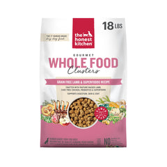 The Honest Kitchen clústeres de cordero en bolsa de 18 lb, opción nutritiva para perros adultos.