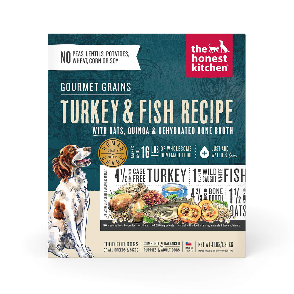 The Honest Kitchen comida deshidratada para perro con granos gourmet y pavo y pescado.