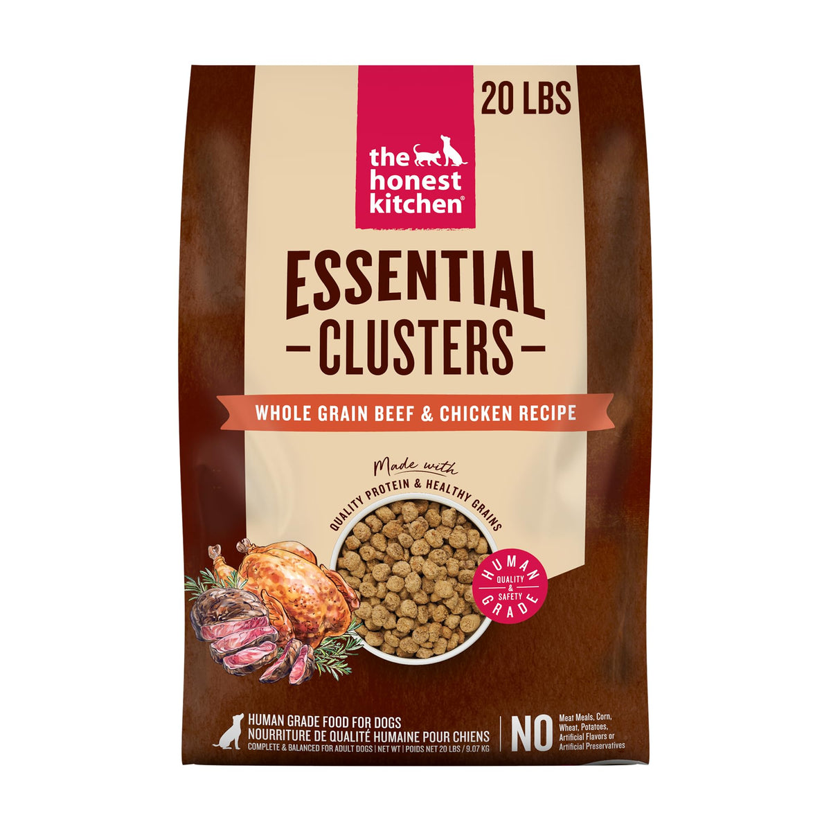 Bolsa de The Honest Kitchen Essential Clusters de 20 libras, nutrición completa para perros.
