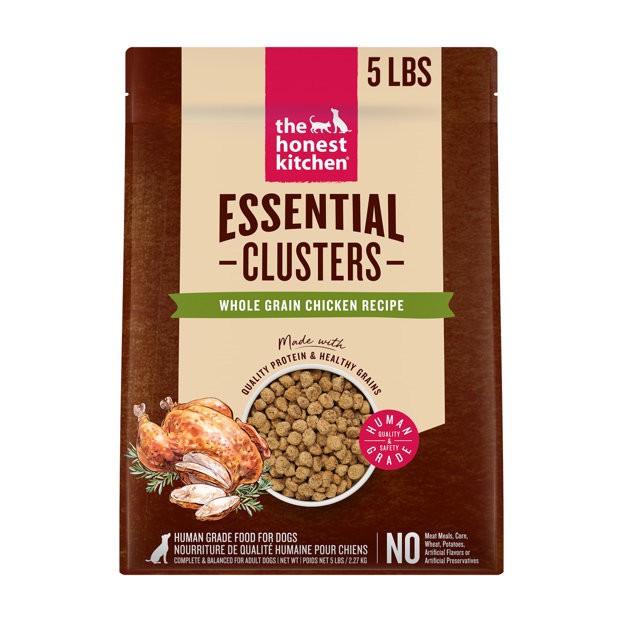 The Honest Kitchen Essential Clusters bolsa cinco libras de pollo entero, nutrición de calidad para perros.