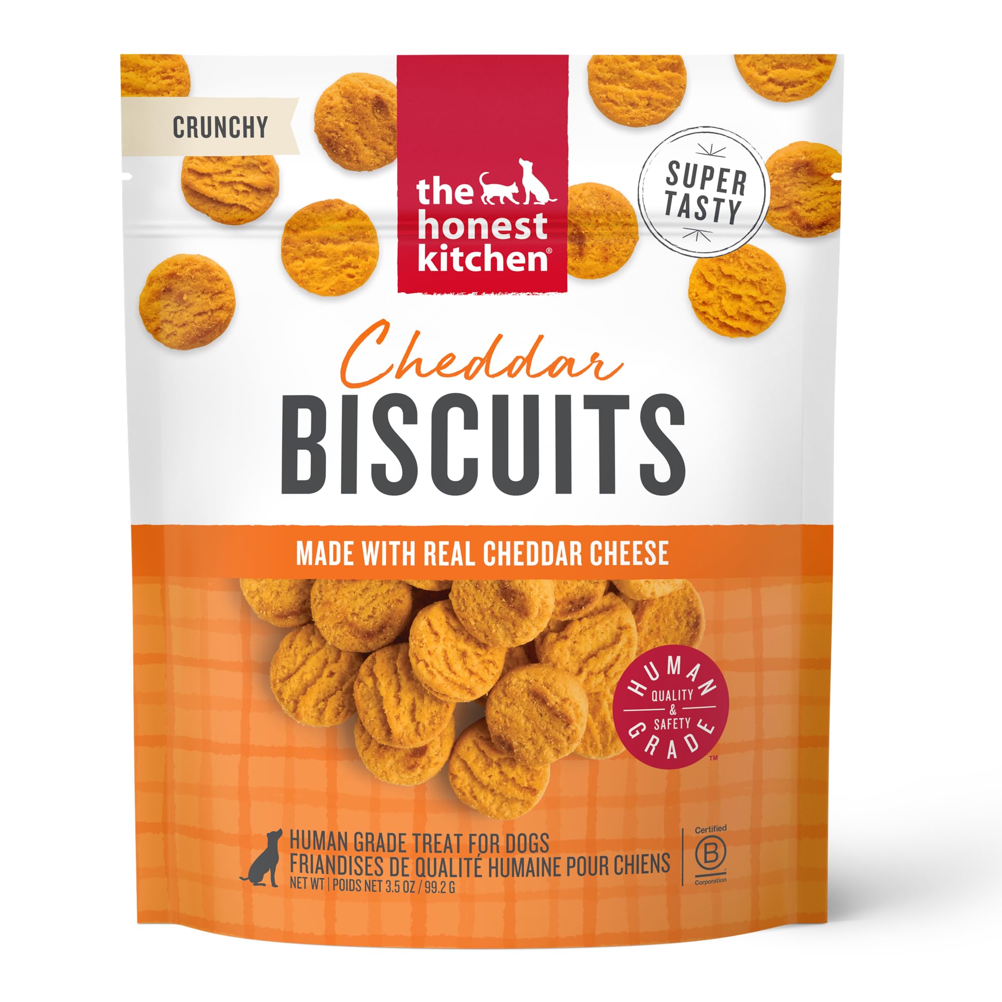 The Honest Kitchen galletas cheddar, empaque tres punto cinco onzas, premio sabroso para el perro